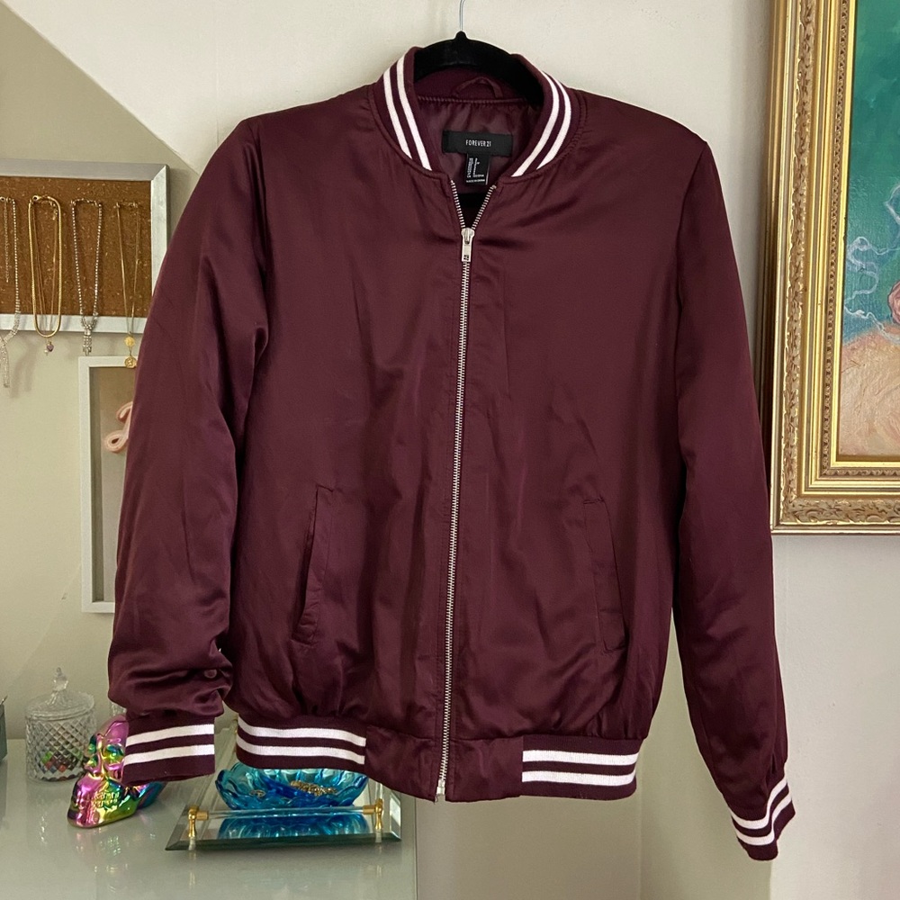 Forever 21 maroon satin varsity jacket